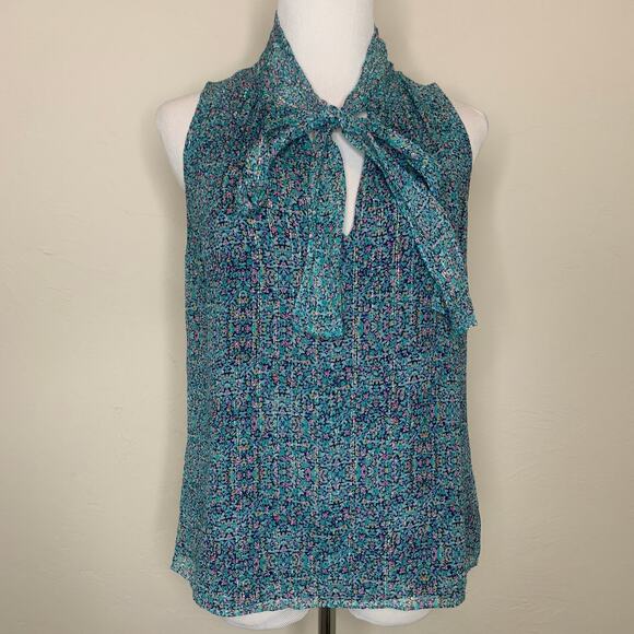 Rebecca Taylor Green Floral Chiffon Blouse Tie Neck Sz 4 - Picture 1 of 9